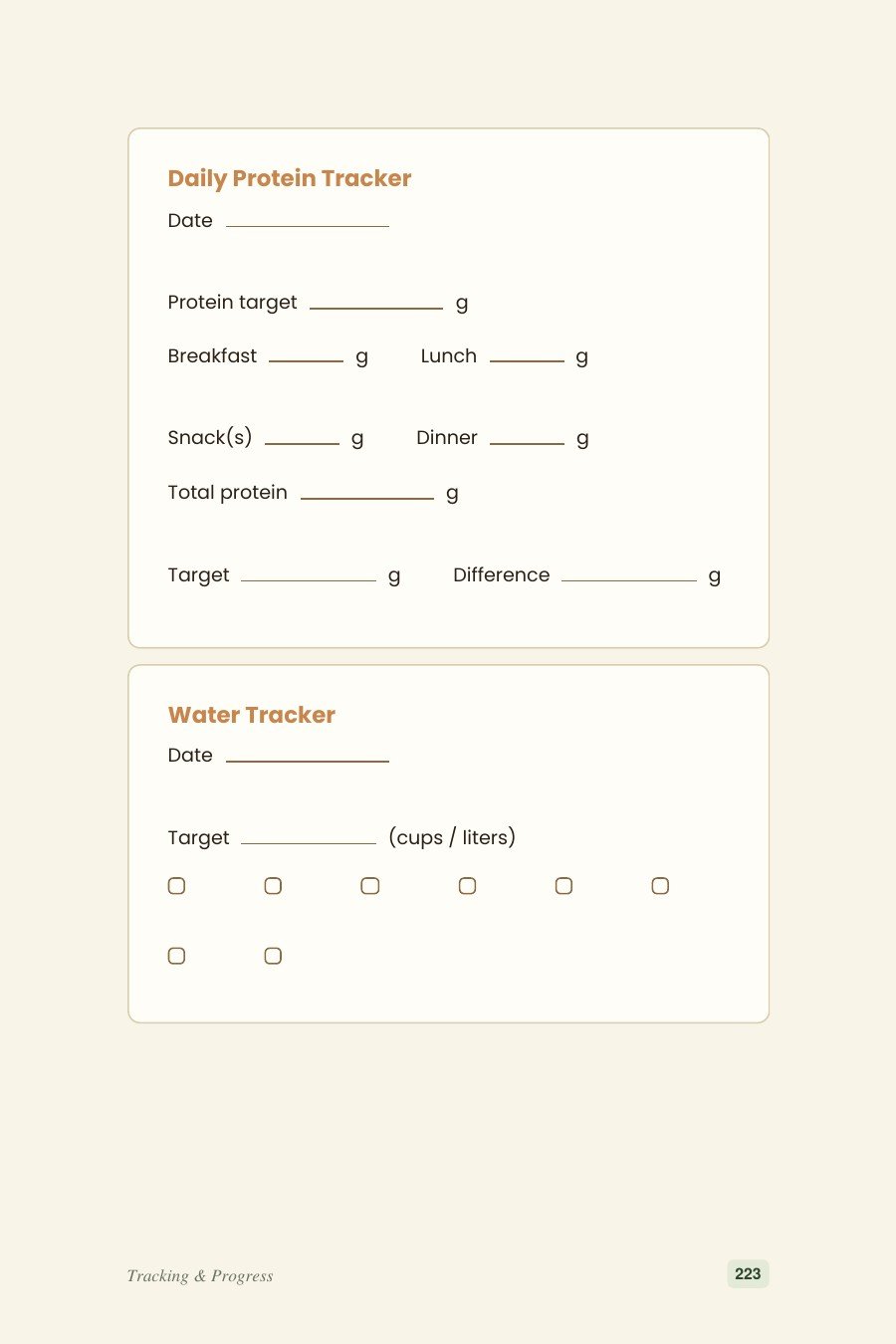 Tracker Page: Daily protein & water tracking
